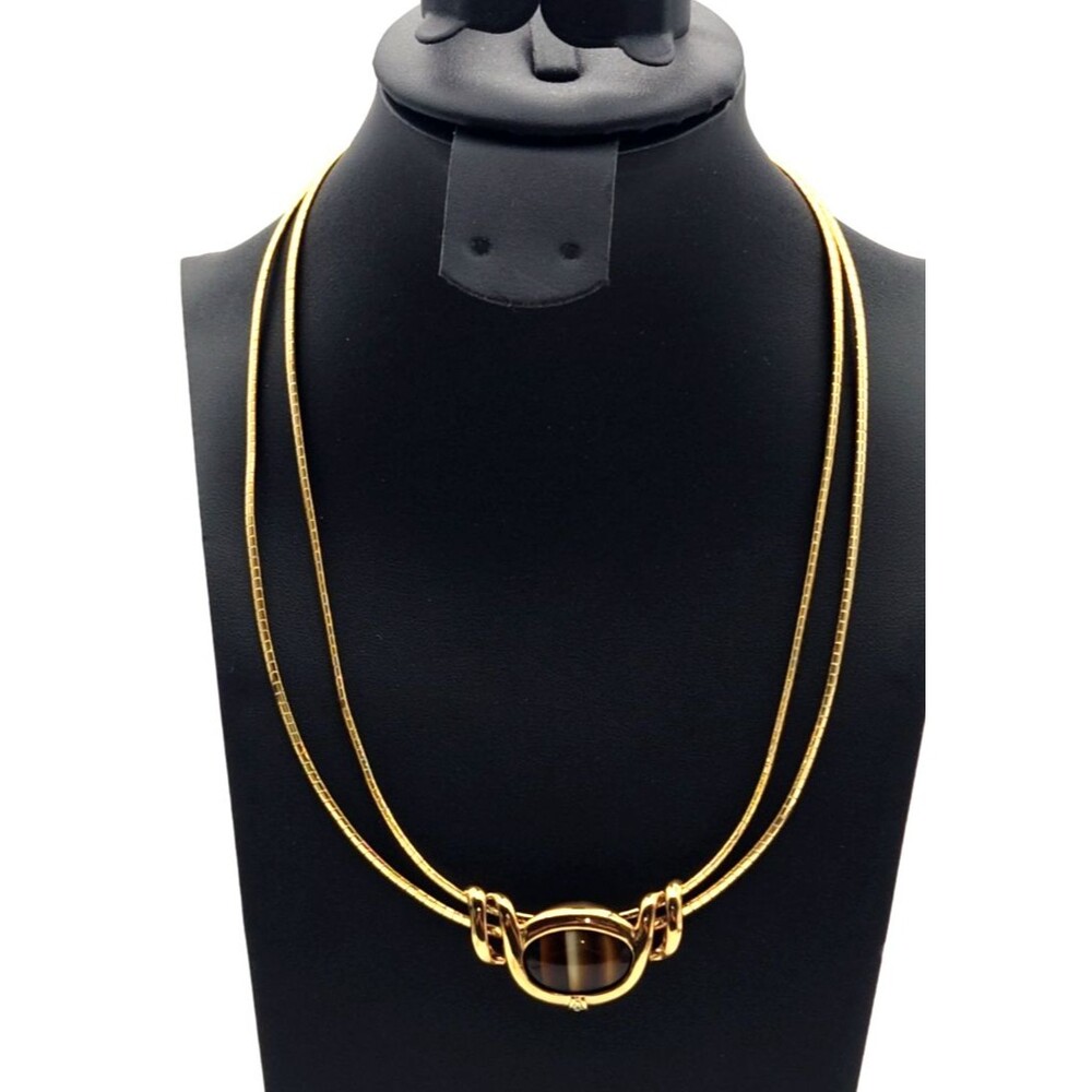 Goldtone 2 Strand Choker Necklace Faux Tiger Eye Slider Interchangeable 15"